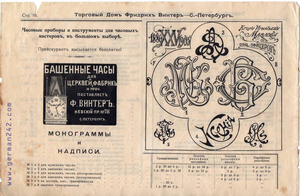 Каталог часов Ф.Винтеръ 1910 год