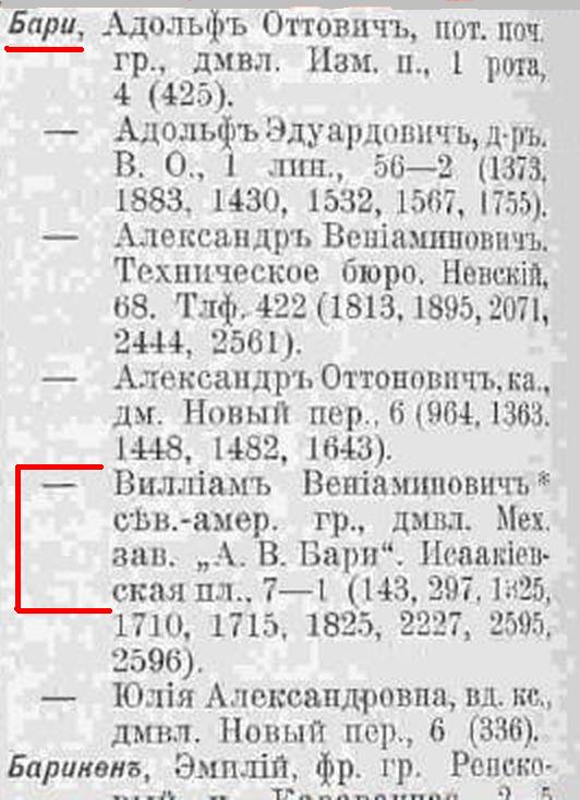 В домовладении "АО механический завод А.В.Бари", Исаакиевская площадь 7-1 проживал северо-американский гражданин Виллиам Вениаминович Бари.